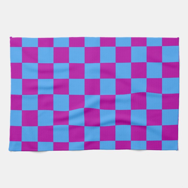 Purple Blue Chequered Check Pattern Tea Towel (Horizontal)