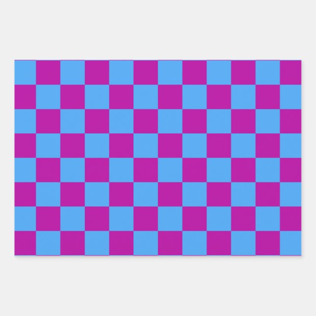 Purple Blue Chequered Check Pattern Wrapping Paper Sheet (Front)
