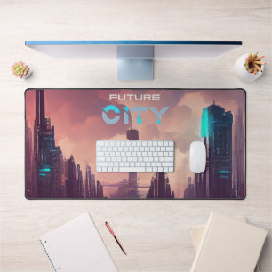 Purple Blue Colourful Future Cyberpunk City Desk Mat