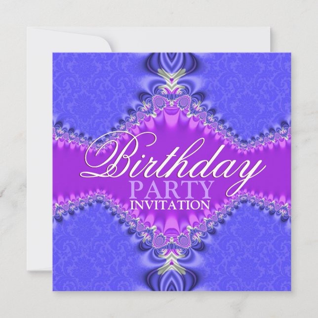 Purple & Blue Damask Birthday Party Invitation (Front)