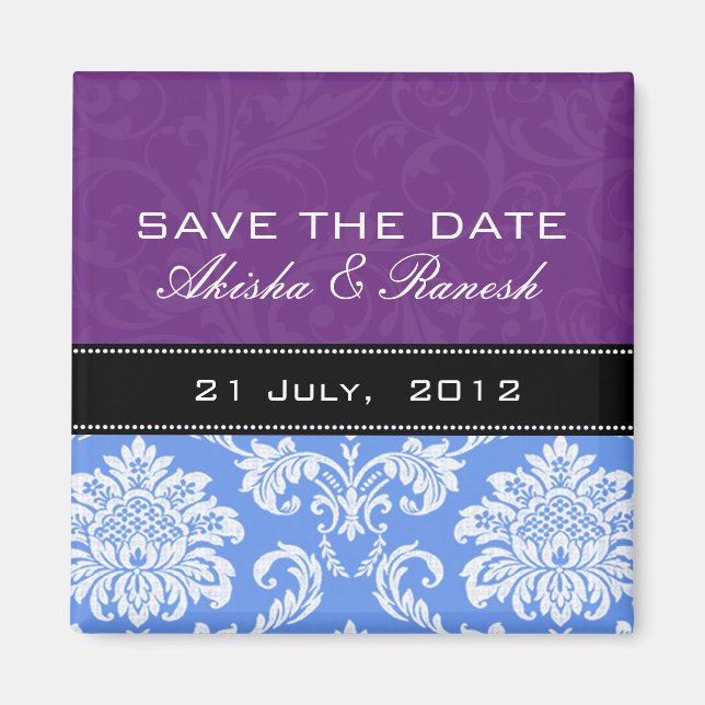 Purple Blue Damask Save the Date Magnet (Front)