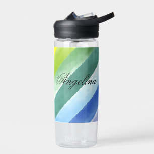 Purple blue diagonal stripe watercolor name school water bottle