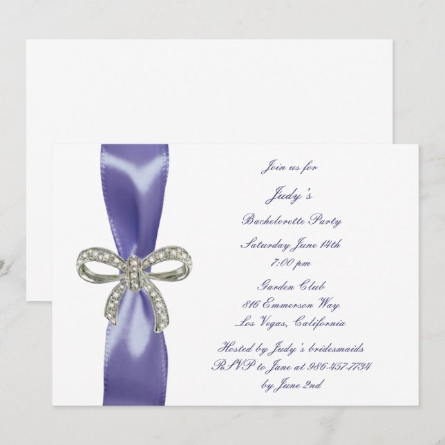 Purple Blue Diamond Bow Bachelorette Party Invitation (Front/Back)
