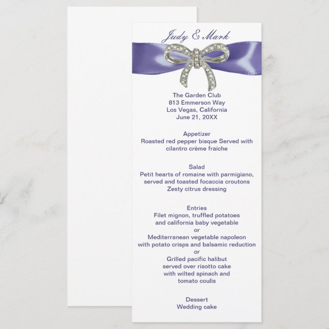 Purple Blue Diamond Bow Wedding Menu Card (Front/Back)