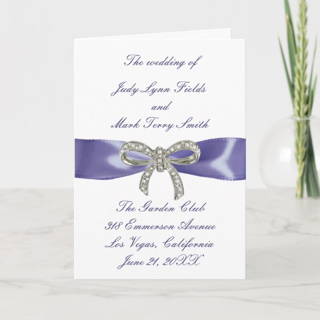 Purple Blue Diamond Bow Wedding Program Card (Front)