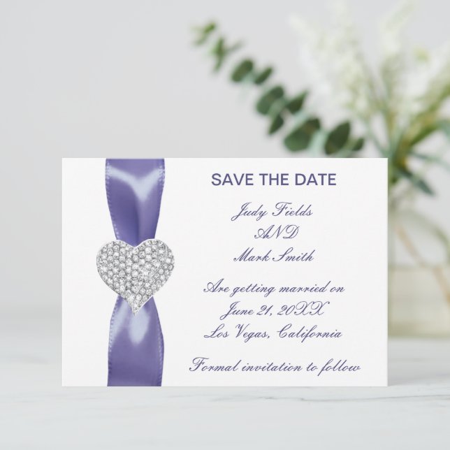 Purple Blue Diamond Heart Save The Date Card (Standing Front)