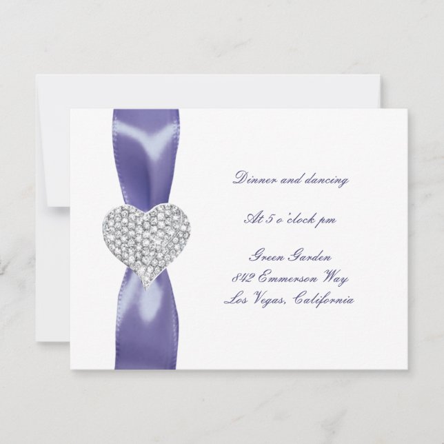Purple Blue Diamond Heart Wedding Reception Card (Front)