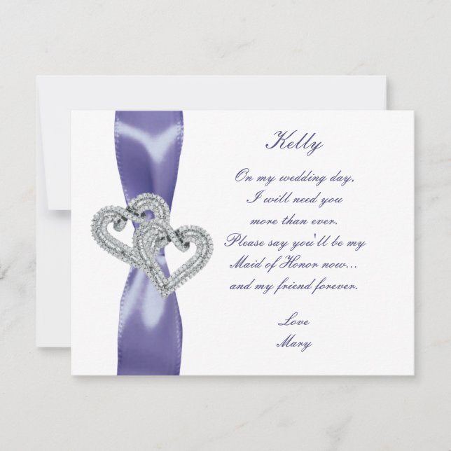 Purple Blue Diamond Hearts Maid Of Honour Card (Front)