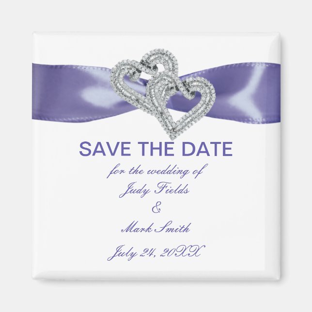 Purple Blue Diamond Hearts Save The Date Magnet (Front)