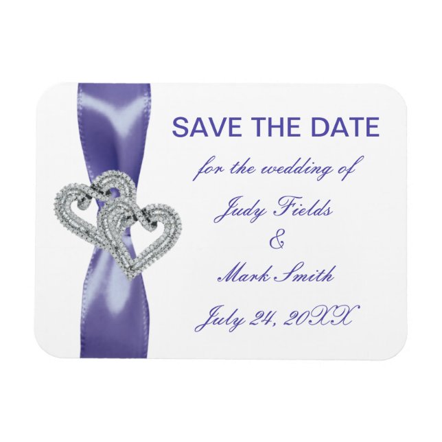Purple Blue Diamond Hearts Save The Date Magnet (Horizontal)