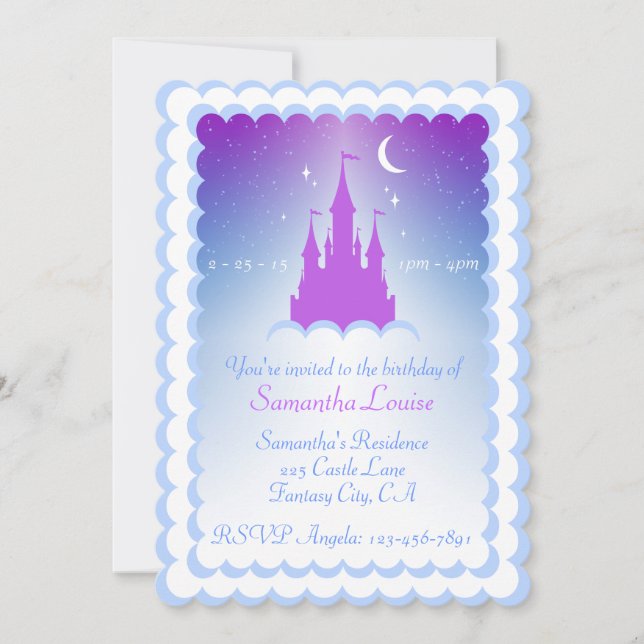 Purple Blue Dream Castle In The Clouds Birthday Invitation (Front)