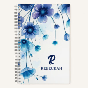 Purple Blue Elegant Watercolor Flowers Monogram  Notebook