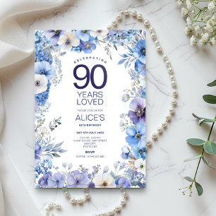 Purple & Blue Floral 90th Birthday, Milestone Invitation