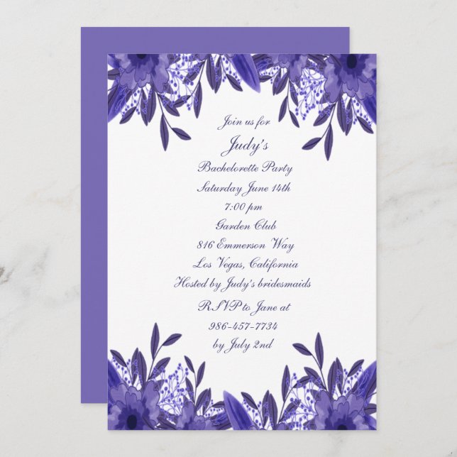 Purple Blue Floral Foliage Bachelorette Party Invitation (Front/Back)