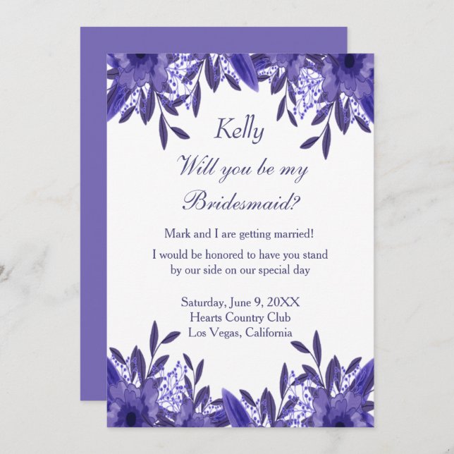 Purple Blue Floral Foliage Bridesmaid Card (Front/Back)
