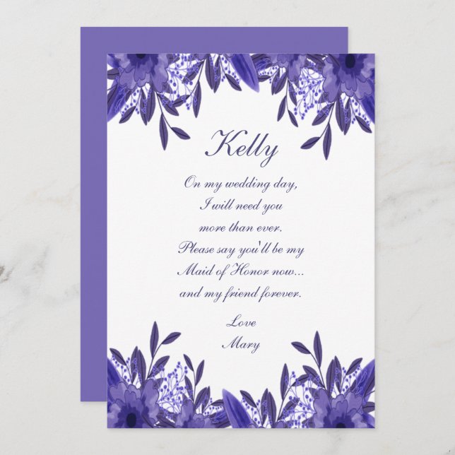 Purple Blue Floral Foliage Maid Of Honour Card (Front/Back)