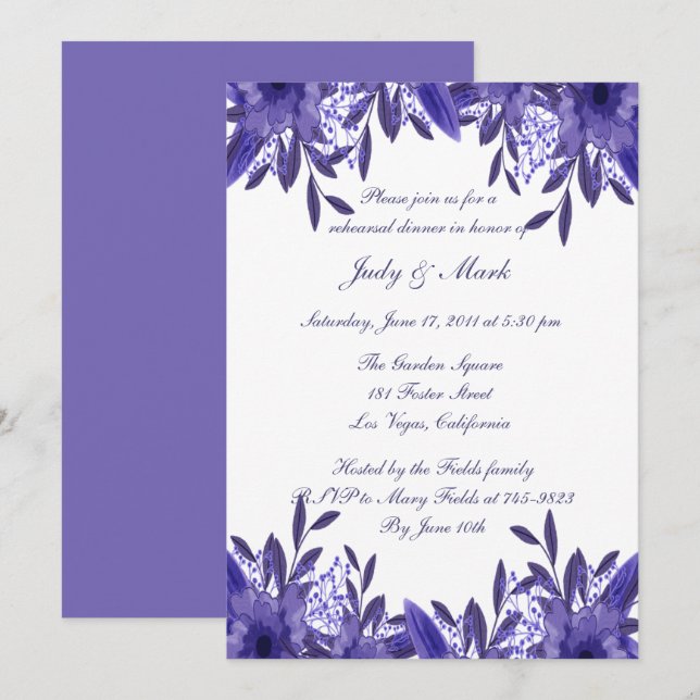 Purple Blue Floral Foliage Rehearsal Dinner Invitation (Front/Back)
