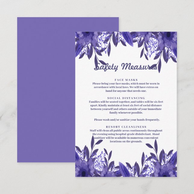 Purple Blue Floral Foliage Safety Measures Card (Front/Back)
