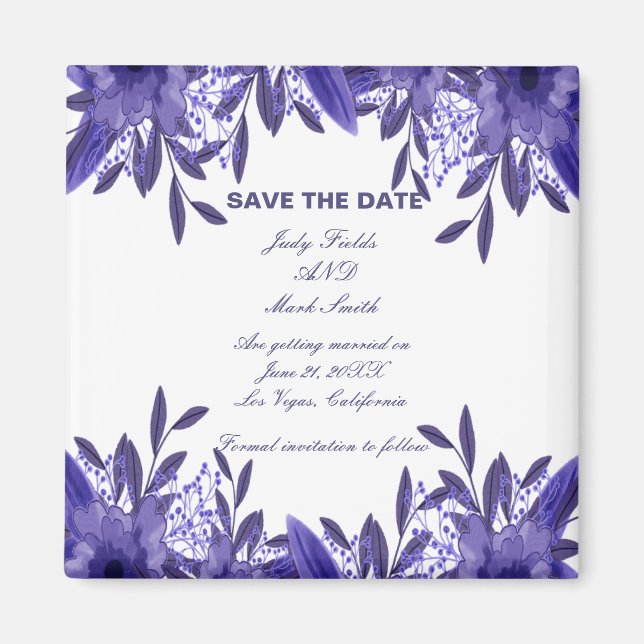Purple Blue Floral Foliage Save The Date Magnet (Front)