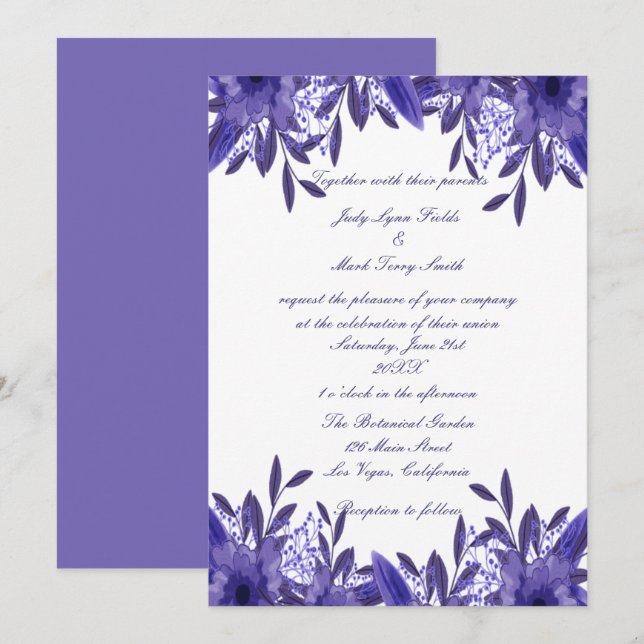 Purple Blue Floral Foliage Wedding Invitation (Front/Back)