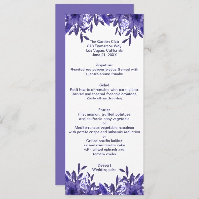 Purple Blue Floral Foliage Wedding Menu Card (Front/Back)