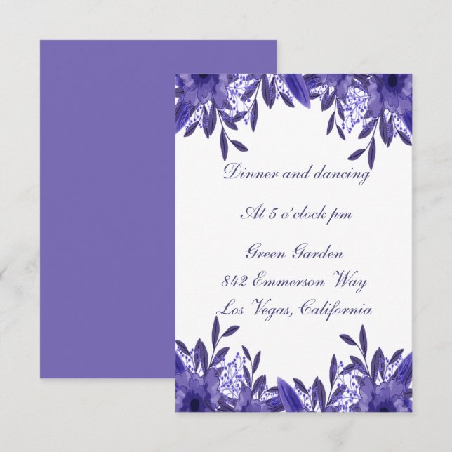 Purple Blue Floral Foliage Wedding Reception Card (Front/Back)