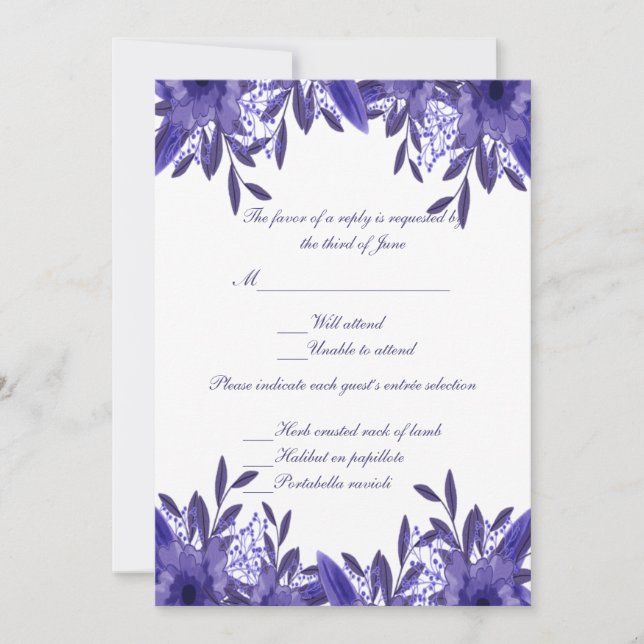 Purple Blue Floral Foliage Wedding Response Card (Front)