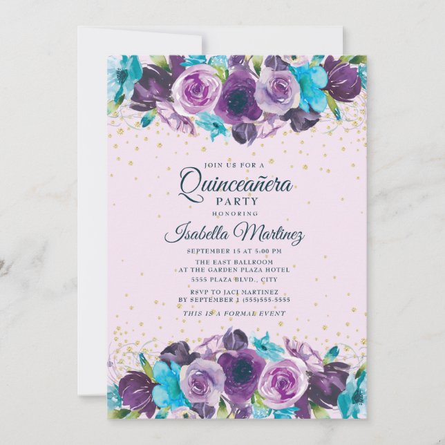 Purple Blue Floral Gold Glitter Quinceañera Invitation (Front)