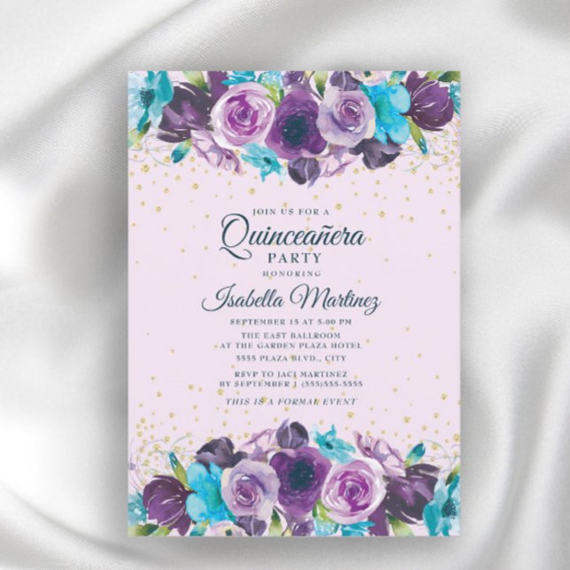 Purple Blue Floral Gold Glitter Quinceañera  Invitation (Creator Uploaded)