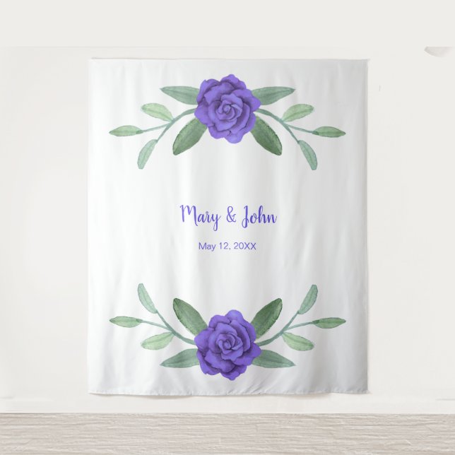 Purple Blue Floral Greenery Foliage Photo Backdrop Tapestry (Front)