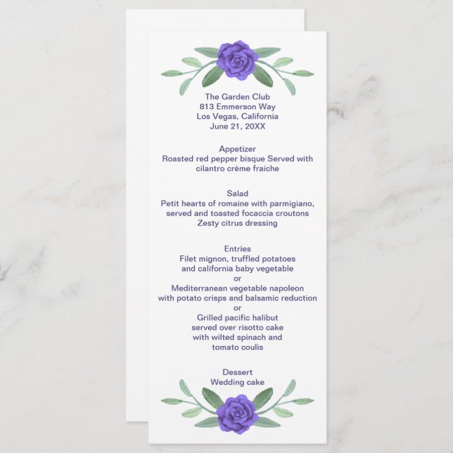Purple Blue Floral Greenery Foliage Wedding Menu (Front/Back)