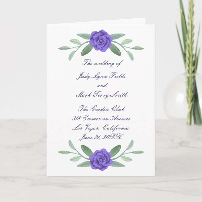 Purple Blue Floral Greenery Foliage Wedding Programme (Front)