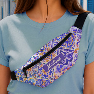 Purple Blue Floral Majolica Sicilian Tile Pattern Bum Bags