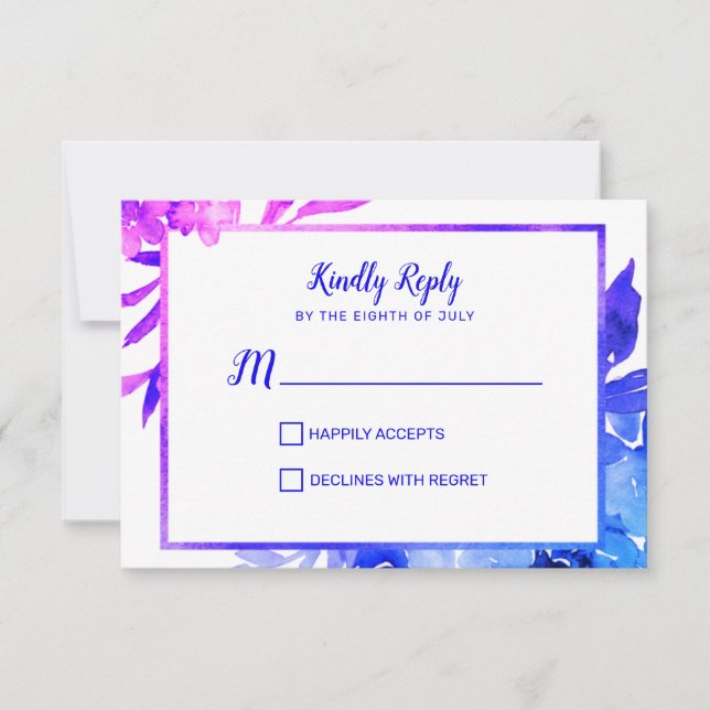 Purple Blue Floral Ombre Watercolor Wedding RSVP Card (Front)