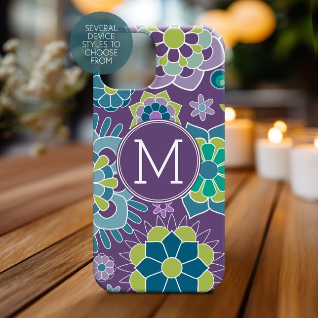Purple Blue Floral Pattern Custom Monogram Case-Mate iPhone Case (Personalized Phone Case with Monogram)