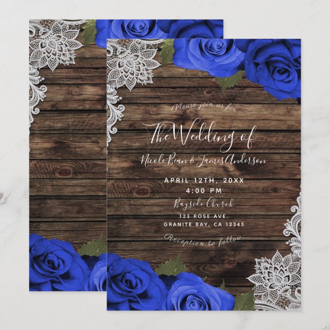 Purple Blue Floral Roses Rustic Wood Lace Wedding Invitation (Front/Back)