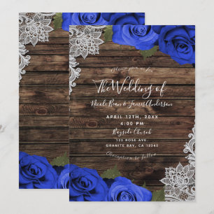 Purple Blue Floral Roses Rustic Wood Lace Wedding Invitation