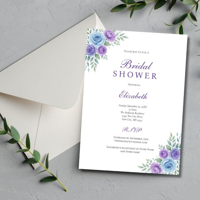 Purple Blue Floral Watercolor Bridal Shower Invitation (Purple blue watercolor floral bridal shower invitation. Couples Wedding Shower)