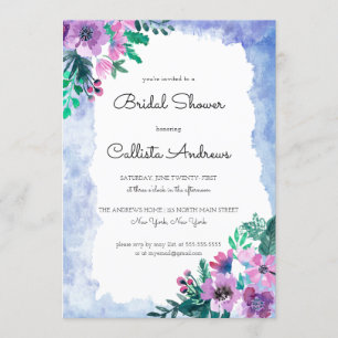 Purple Blue Floral Watercolor Bridal Shower Invitation