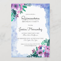 Purple Blue Floral Watercolor Quinceañera Birthday