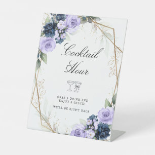 Purple Blue Floral Wedding Cocktail Hour  Pedestal Sign