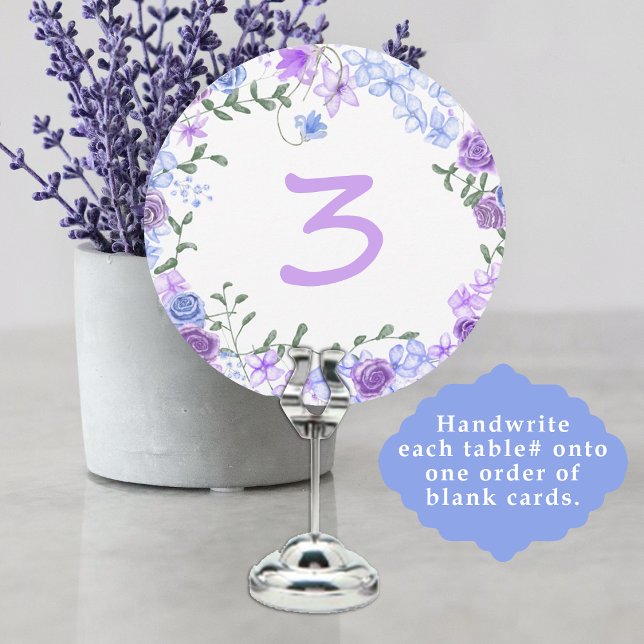 Purple, Blue Floral Wedding Table Number Sign (wedding reception table number sign, purple lavender lilac light dusty blue rose border around edge)