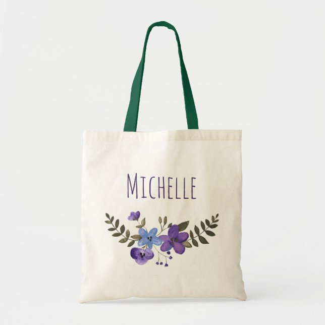 Purple Blue Floral with Name Tote Bag (Front)