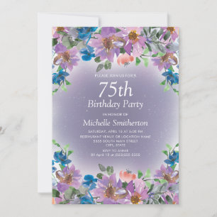 Purple Blue Floral Women's 75th Birthday Invitation