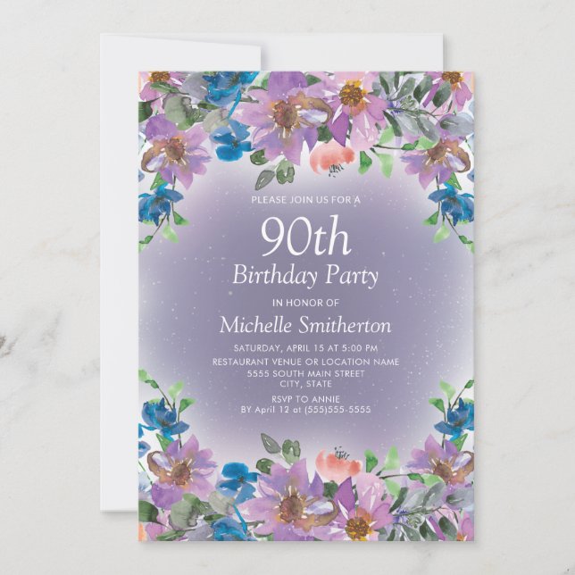 Purple Blue Floral Women's 90th Birthday Invitation (Front)