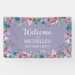 Purple Blue Floral Women's Birthday Party Welcome Banner