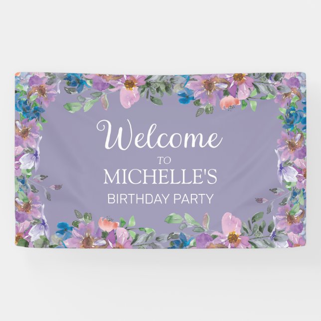 Purple Blue Floral Women's Birthday Party Welcome  Banner (Horizontal)