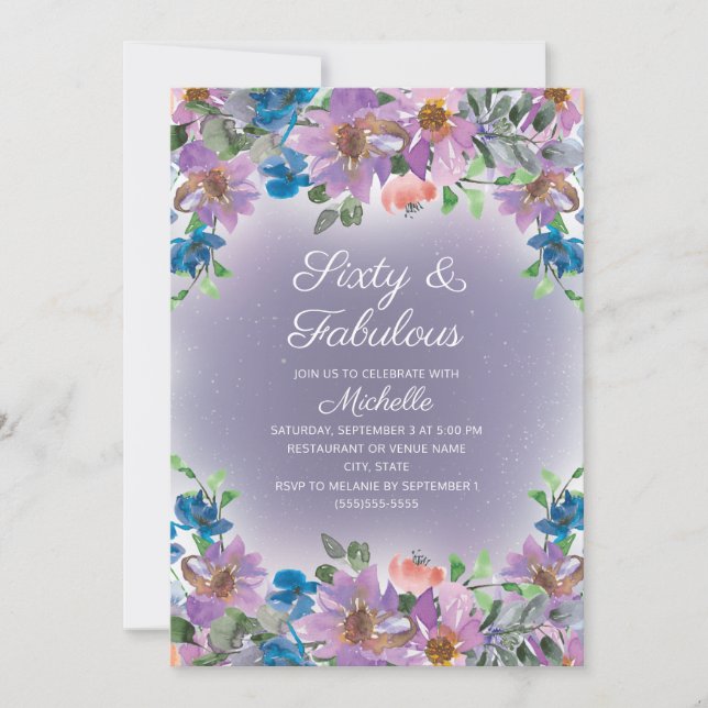 Purple Blue Floral Women's Sixty Fabulous Birthday Invitation (Front)