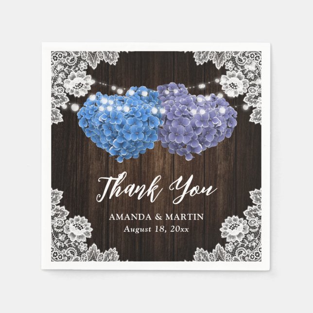 Purple Blue Floral Wood Lace Wedding Thank You  Napkin (Front)
