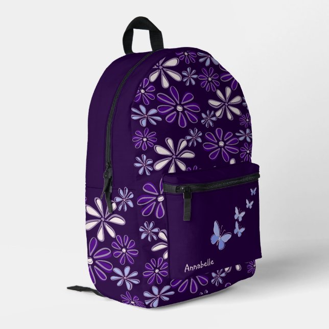 Purple Blue Flower Doodle Pattern Printed Backpack (Back Corner Left)